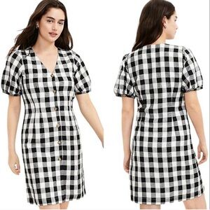 LOFT Gingham Button V-Neck Puffy Sleeve Knee Length Dress. Size 2 Petite.